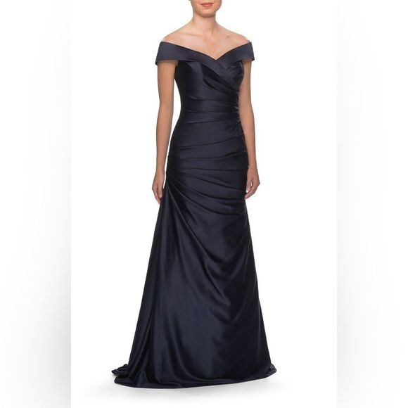 La Femme Dresses & Skirts - La Femme Navy Blue Off the Shoulder Ruched Satin Trumpet Gown Size 8 NWOT